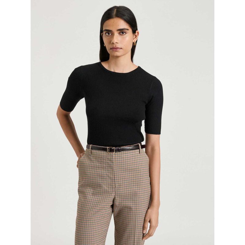 Veronika Maine Cotton Silk Blend Crew Neck Ribbed Knit Top image number 2